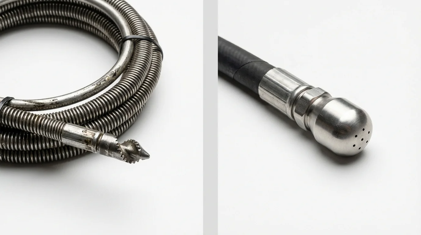 Drain snake cable and hydro jetting nozzle used for drain cleaning in Petersburg, VA