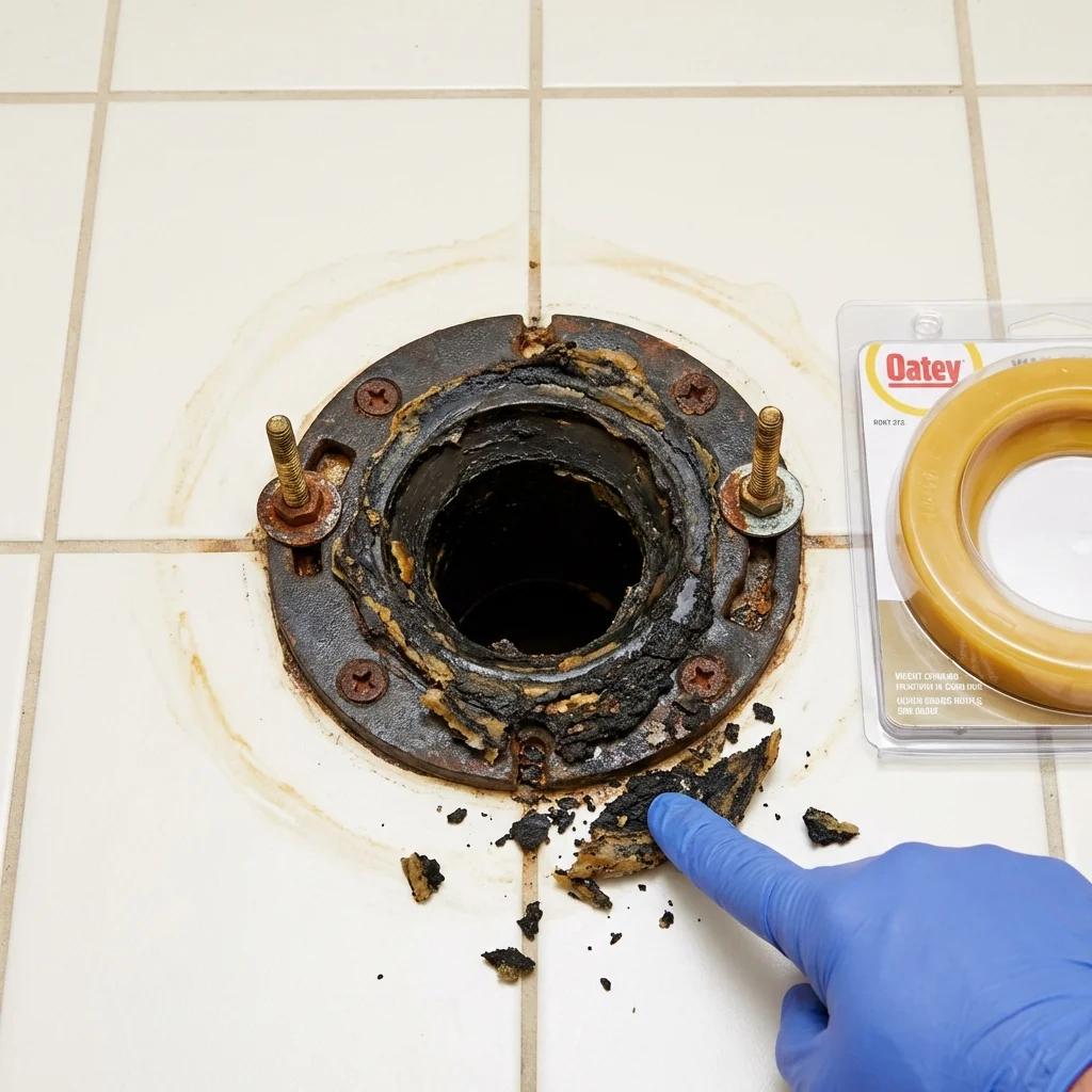 Failed wax ring showing water seepage at the base of a toilet in a Petersburg, VA home