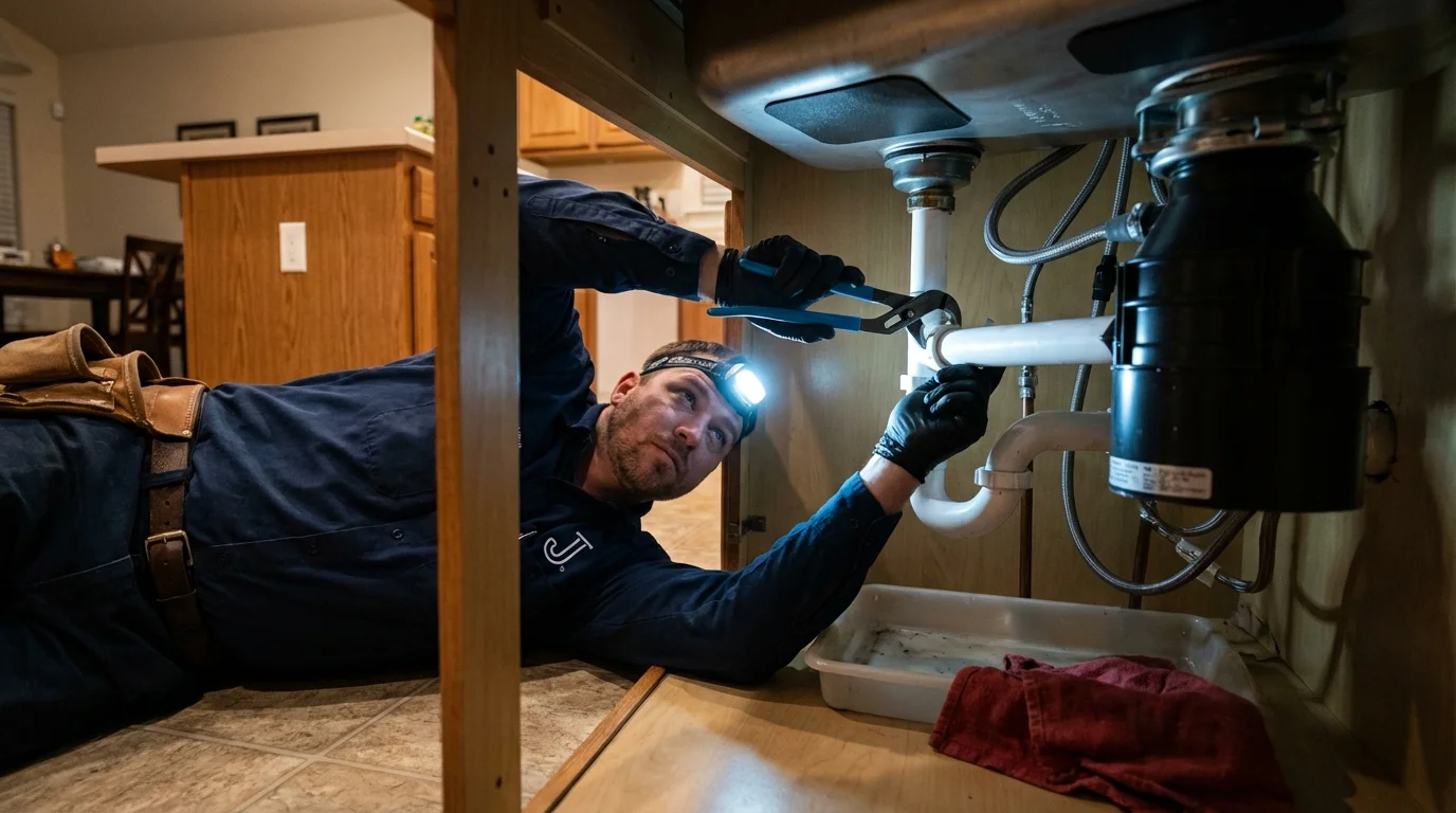 P-trap and supply line connections under a kitchen sink showing a common leak point in Petersburg, VA